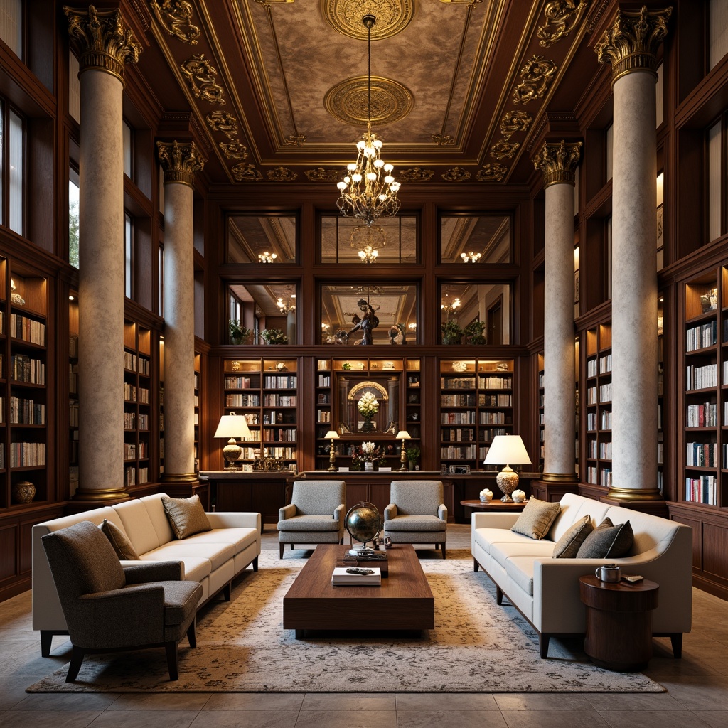 Prompt: Elegant library interior, neoclassical columns, ornate moldings, rich wood tones, comfortable seating areas, wooden bookshelves, intricate carvings, grand chandeliers, soft warm lighting, luxurious fabrics, tufted sofas, wingback chairs, oval coffee tables, leather-bound books, vintage globes, floor lamps, subtle patterns, neutral color palette, high ceilings, large windows, natural stone flooring, refined architectural details, shallow depth of field, 1/2 composition, realistic textures, ambient occlusion.