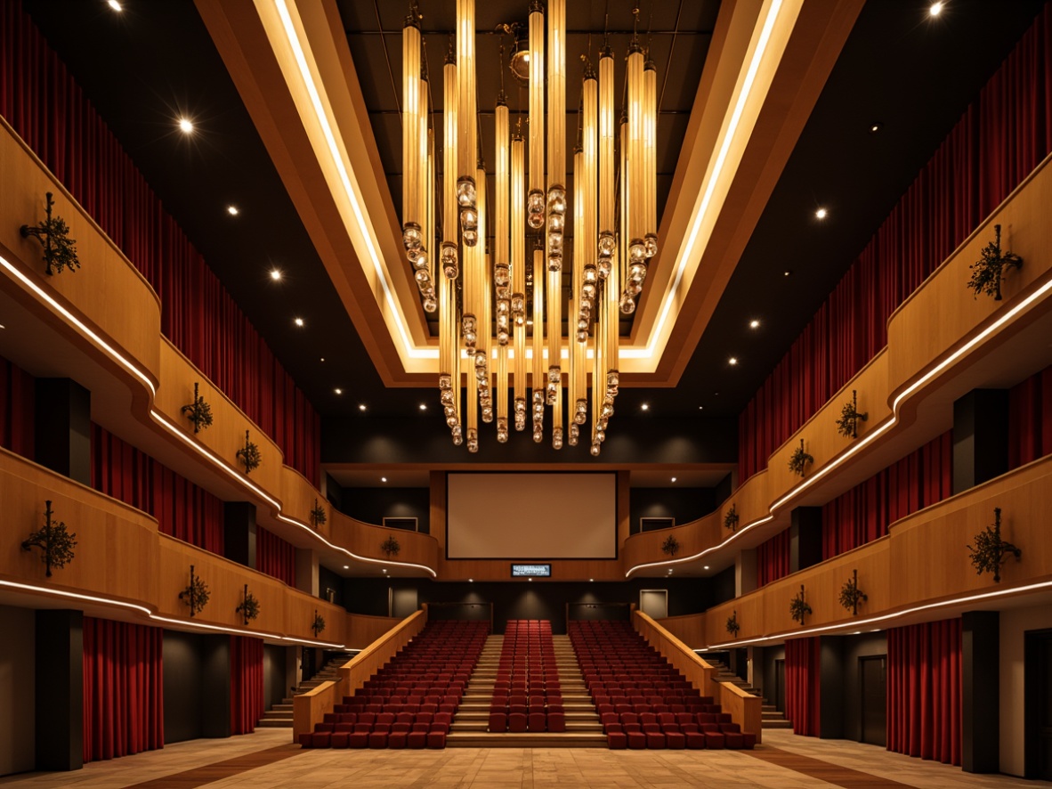 Prompt: Grand auditorium, luxurious chandeliers, sleek LED strip lights, warm golden spotlights, suspended ceiling fixtures, ornate metal sconces, elegant floor lamps, tiered seating, rich velvet curtains, polished wooden floors, modern minimalist design, high ceilings, dramatic lighting effects, subtle color temperature shifts, soft focus lighting, 1/2 composition, realistic reflections, ambient occlusion.