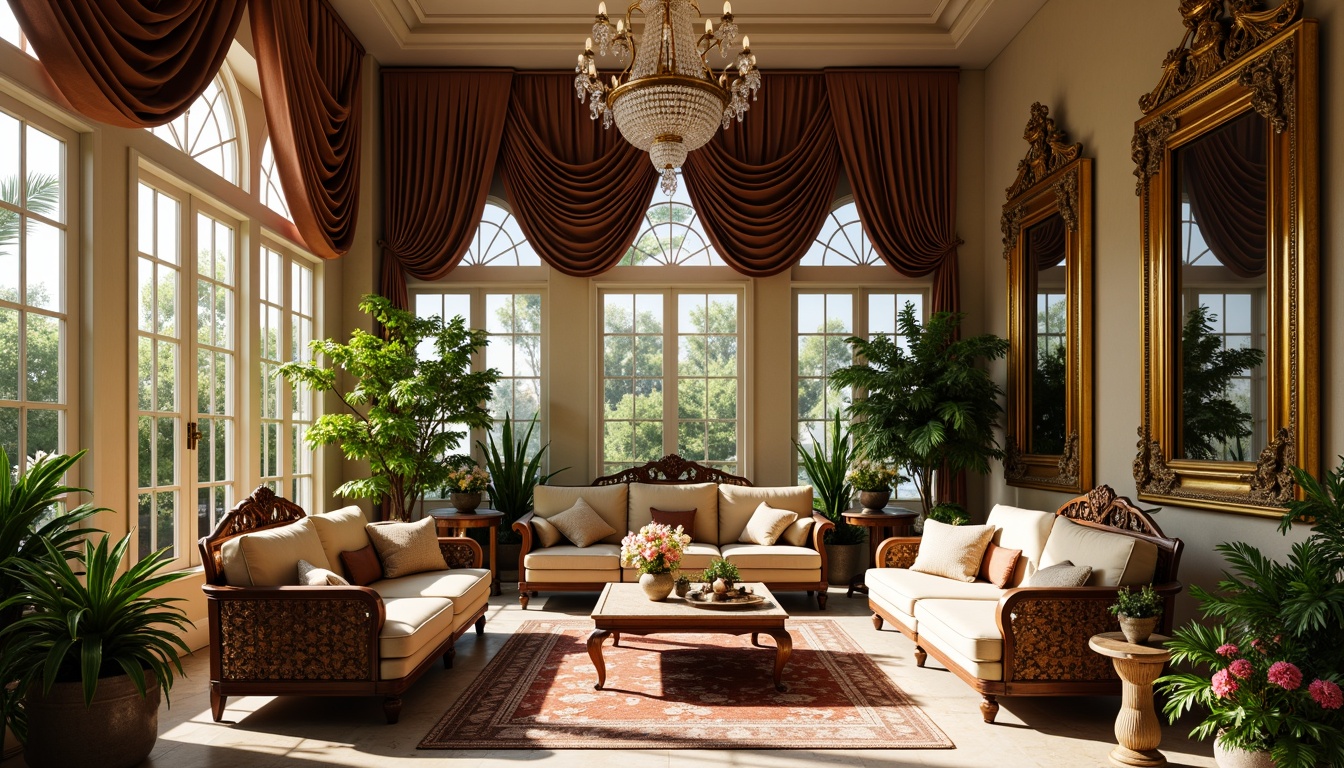 Prompt: Elegant sunroom, ornate gold frames, lavish velvet drapes, crystal chandeliers, intricately carved wooden furniture, richly upholstered sofas, brocade fabrics, gilded mirrors, ornamental vases, lush greenery, tropical plants, vibrant flowers, marble floors, high ceilings, grandiose archways, soft warm lighting, shallow depth of field, 1/1 composition, realistic textures, ambient occlusion.