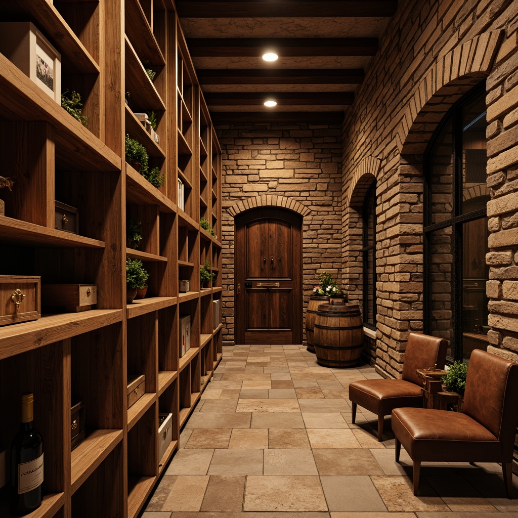 Prompt: Rustic wine cellar, wooden shelving units, distressed wood textures, earthy tone color palette, dim warm lighting, stone walls, brick archways, craftsman style wooden doors, iron hardware, ornate metalwork, vintage wine barrels, wooden wine crates, rich leather furnishings, ambient soft glow, shallow depth of field, 1/2 composition, realistic wood grains, subtle shadows.