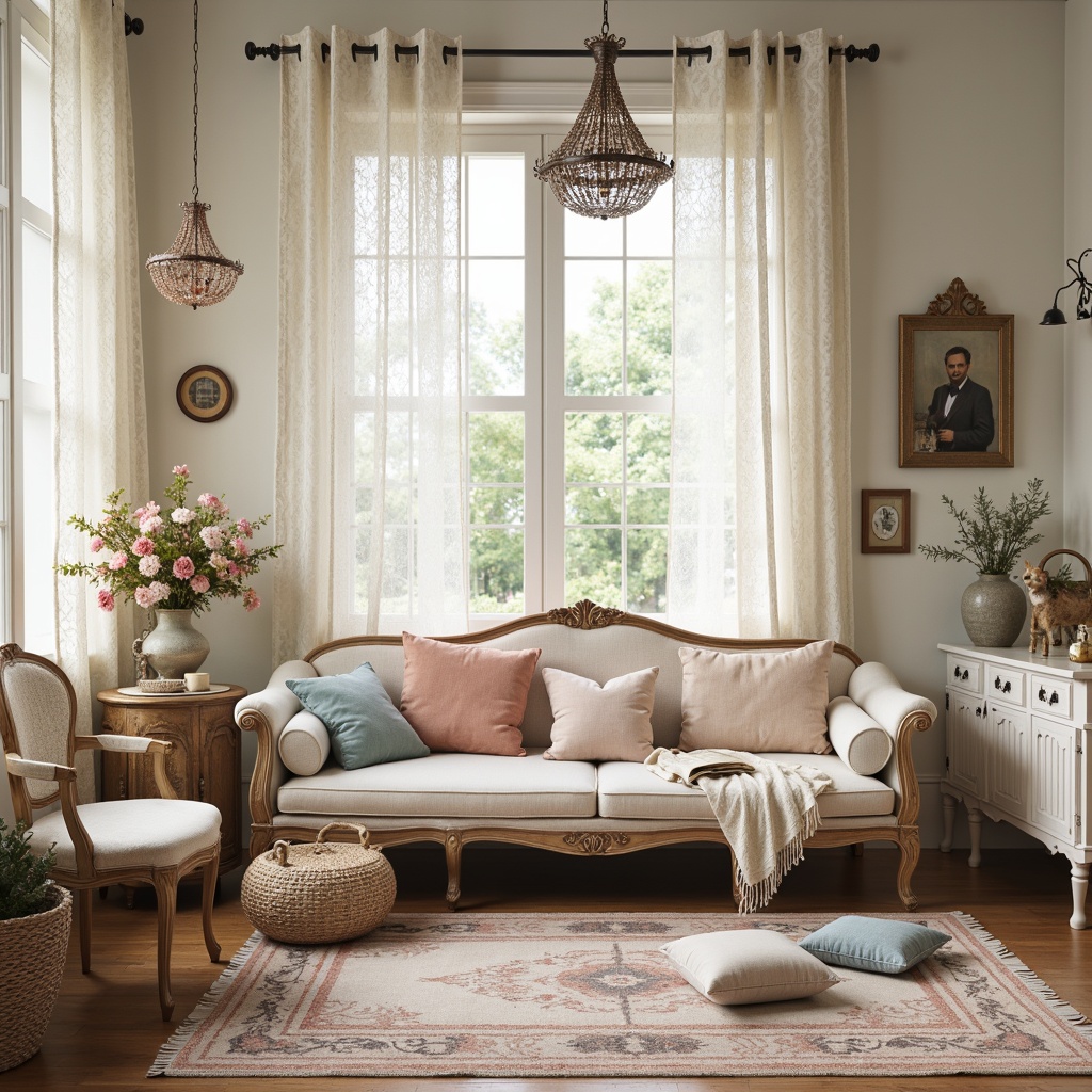 Prompt: Soft, feminine shabby-chic interior, distressed wood furniture, vintage decorative items, lace curtains, floral patterns, pastel colors, pale pink, baby blue, creamy white, warm beige, soft peach, weathered wood textures, ornate metal details, elegant chandeliers, luxurious fabrics, velvet pillows, linen drapes, natural light, airy atmosphere, romantic ambiance, subtle sheen, 1/1 composition, warm color temperature, gentle contrast.