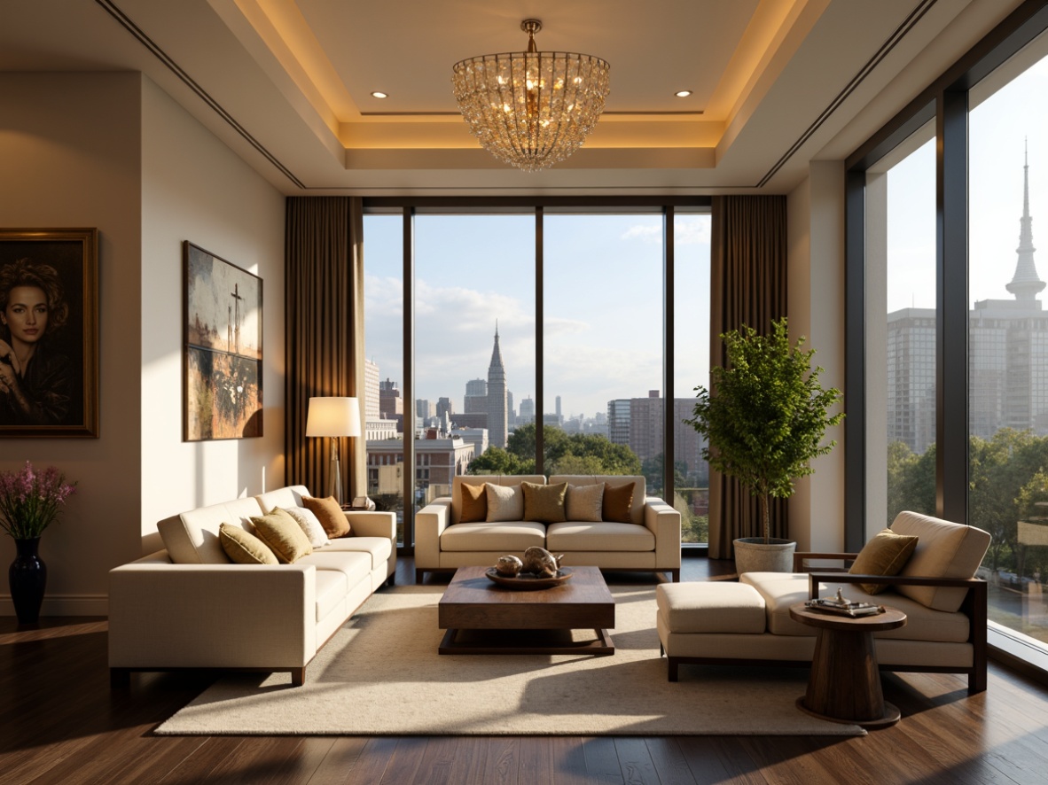 Prompt: Contemporary living room, elegant chandelier, warm ambient lighting, cream-colored walls, dark wood flooring, plush furniture, floor-to-ceiling windows, urban cityscape view, soft box-shaped lamps, minimalist coffee table, vibrant greenery, natural stone vase, metallic accents, cozy atmosphere, warm beige tones, 1/1 composition, dramatic shadows, realistic textures, subtle color grading.