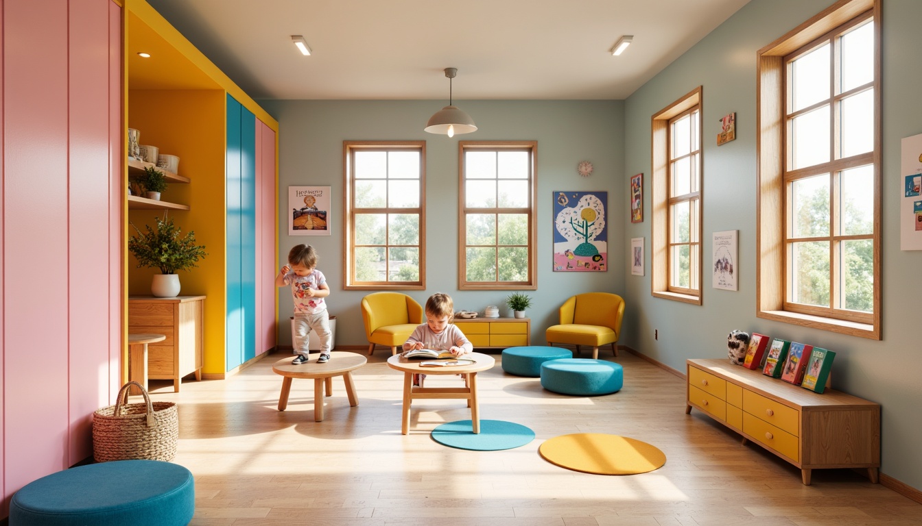 Prompt: Vibrant kindergarten interior, playful color scheme, pastel hues, soft pink walls, bright blue accents, sunny yellow furniture, creamy white trim, natural wood textures, whimsical illustrations, educational graphics, circular shapes, rounded edges, cozy reading nooks, comfortable seating areas, stimulating learning environments, gentle lighting effects, 1/2 composition, warm atmosphere, inviting ambiance.