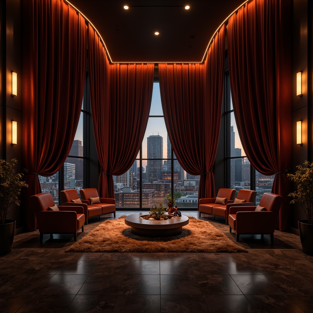 Prompt: Moody cinema interior, luxurious velvet curtains, sleek modern furniture, polished marble floors, atmospheric dim lighting, floor-to-ceiling windows, urban cityscape views, cinematic color grading, warm golden spotlights, softbox diffused lights, dramatic shadow play, high-contrast ambiance, 1/1 composition, low-angle shot, cinematic lens flares, realistic reflections, ambient occlusion.