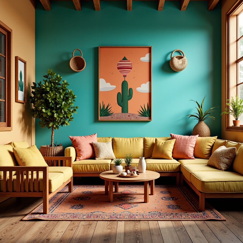 Prompt: Vibrant turquoise walls, earthy brown furniture, sunny yellow accents, soft peach textiles, playful Aztec patterns, natural woven baskets, rustic wooden floors, whimsical cactus decorations, colorful pom-pom garlands, lively pi\u00f1ata-inspired art, Southwestern-inspired geometric motifs, warm golden lighting, shallow depth of field, 1/1 composition, realistic textures, ambient occlusion.