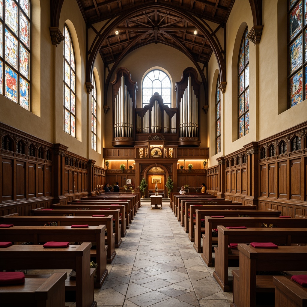 Prompt: Traditional church interior, wooden pews with ornate carvings, soft cushions, warm beige tones, stained glass windows, vaulted ceilings, grand pipe organs, intricate stone flooring, dim soft lighting, peaceful atmosphere, shallow depth of field, 1/1 composition, symmetrical framing, realistic wood textures, ambient occlusion.