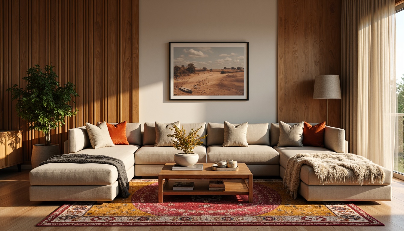 Prompt: Cozy living room, plush throw blankets, soft velvet pillows, warm beige walls, rich wood accents, comfortable sectional sofas, vibrant colorful rugs, natural fiber upholstery, intricate woven patterns, luxurious faux fur throws, modern minimalist coffee tables, elegant floor lamps, warm golden lighting, shallow depth of field, 1/1 composition, realistic textures, ambient occlusion.