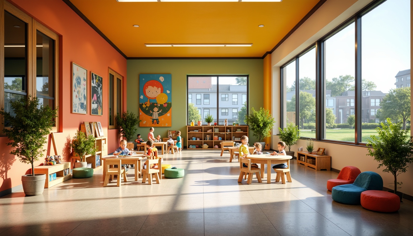 Prompt: Vibrant kindergarten interior, large windows, transparent glass doors, soft warm lighting, shallow depth of field, 3/4 composition, panoramic view, bright colored walls, educational murals, playful furniture, wooden tables, tiny chairs, bookshelves, toys and blocks, green plants, natural stone flooring, minimalist design, open spaces, collaborative learning areas, cozy reading nooks, soft cushions, gentle color palette.