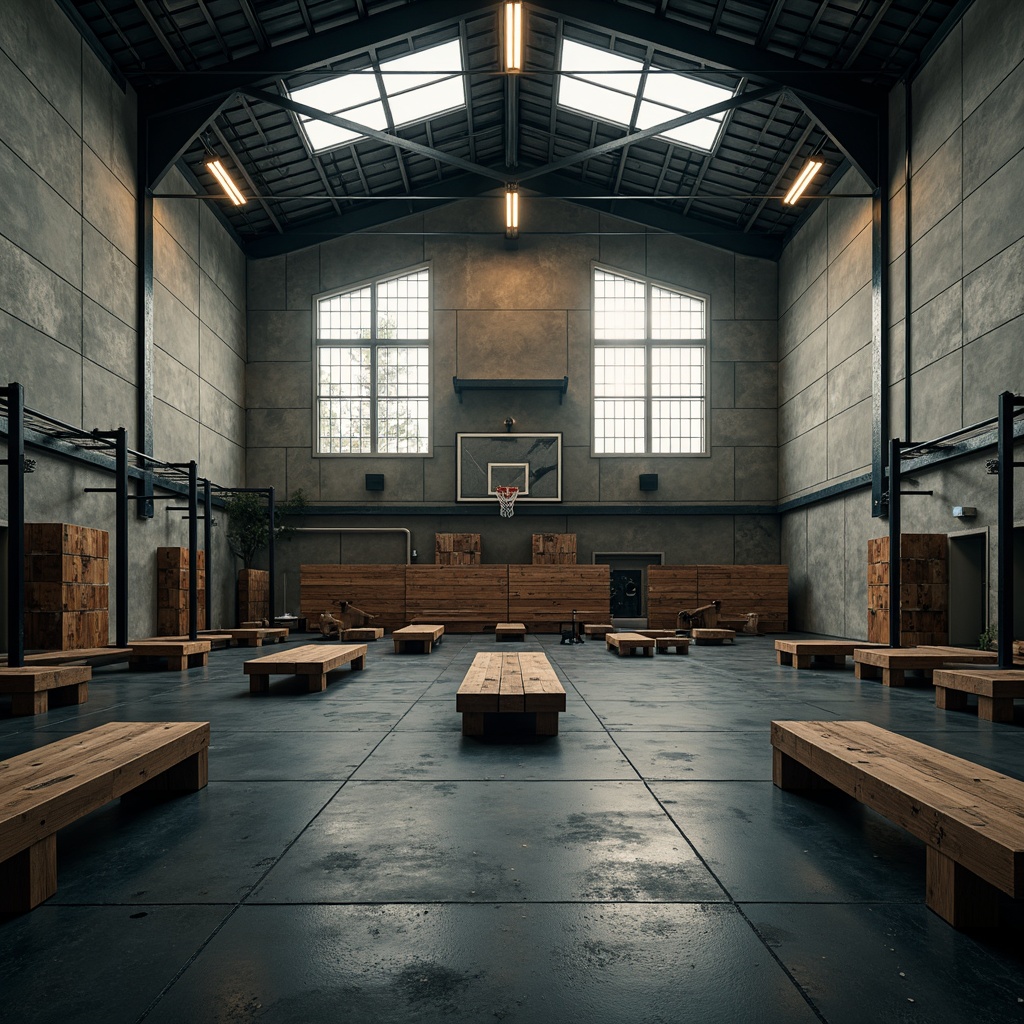 Prompt: Rugged gymnasium interior, brutalist architecture, exposed concrete walls, industrial-style lighting, metal beams, minimalist decor, raw wood accents, reclaimed wooden benches, heavy-duty steel equipment racks, durable rubber flooring, bold color schemes, distressed textures, urban ambiance, dramatic shadows, high-contrast lighting, cinematic composition, realistic renderings.