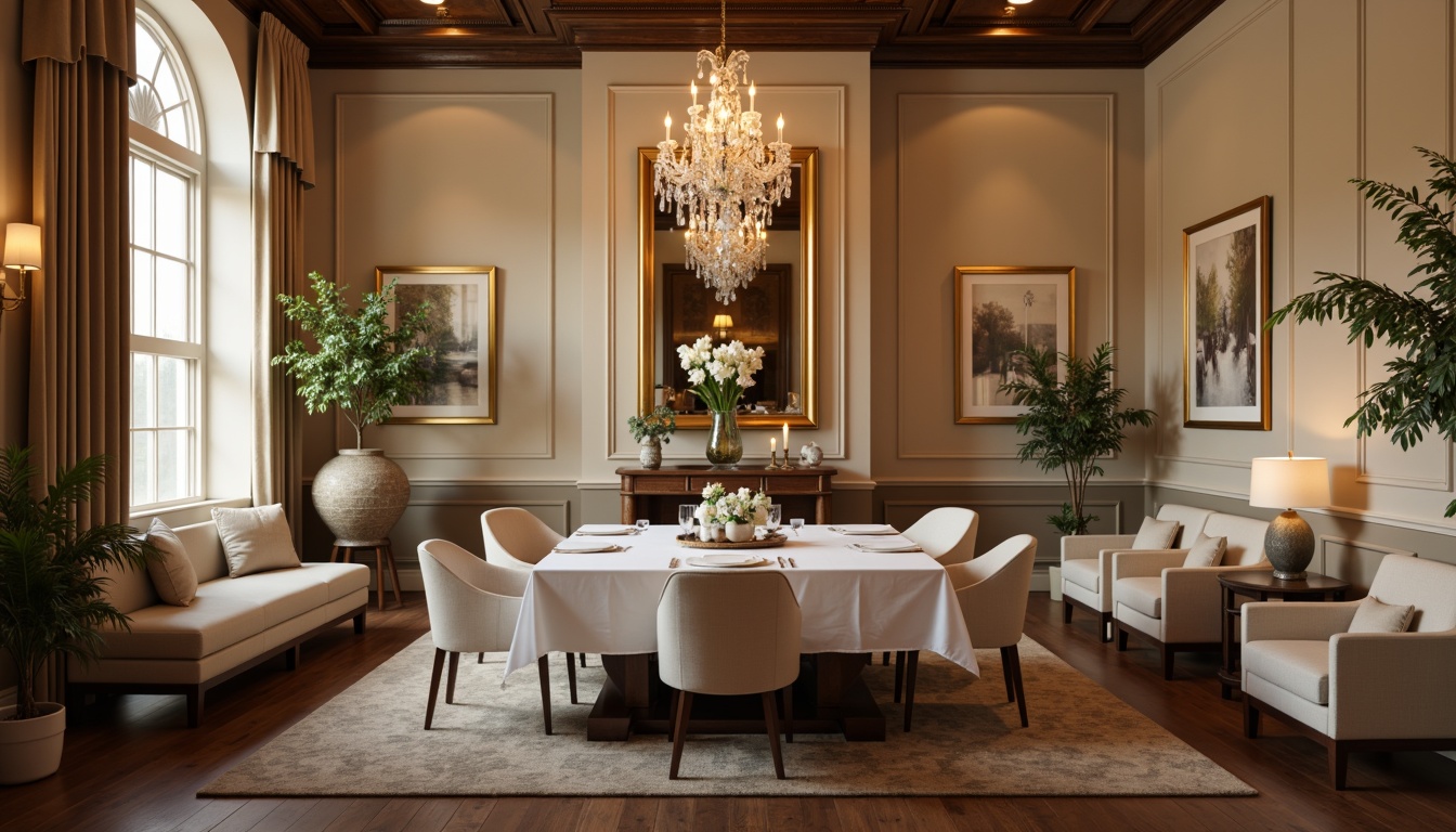 Prompt: Cozy dining room, warm beige walls, rich walnut wood furniture, soft cream upholstery, elegant chandeliers, classic white linens, subtle gray accents, warm golden lighting, inviting atmosphere, intimate gathering space, comfortable seating, natural textiles, earthy tones, calming ambiance, serene color scheme, 2/3 composition, shallow depth of field, realistic textures.