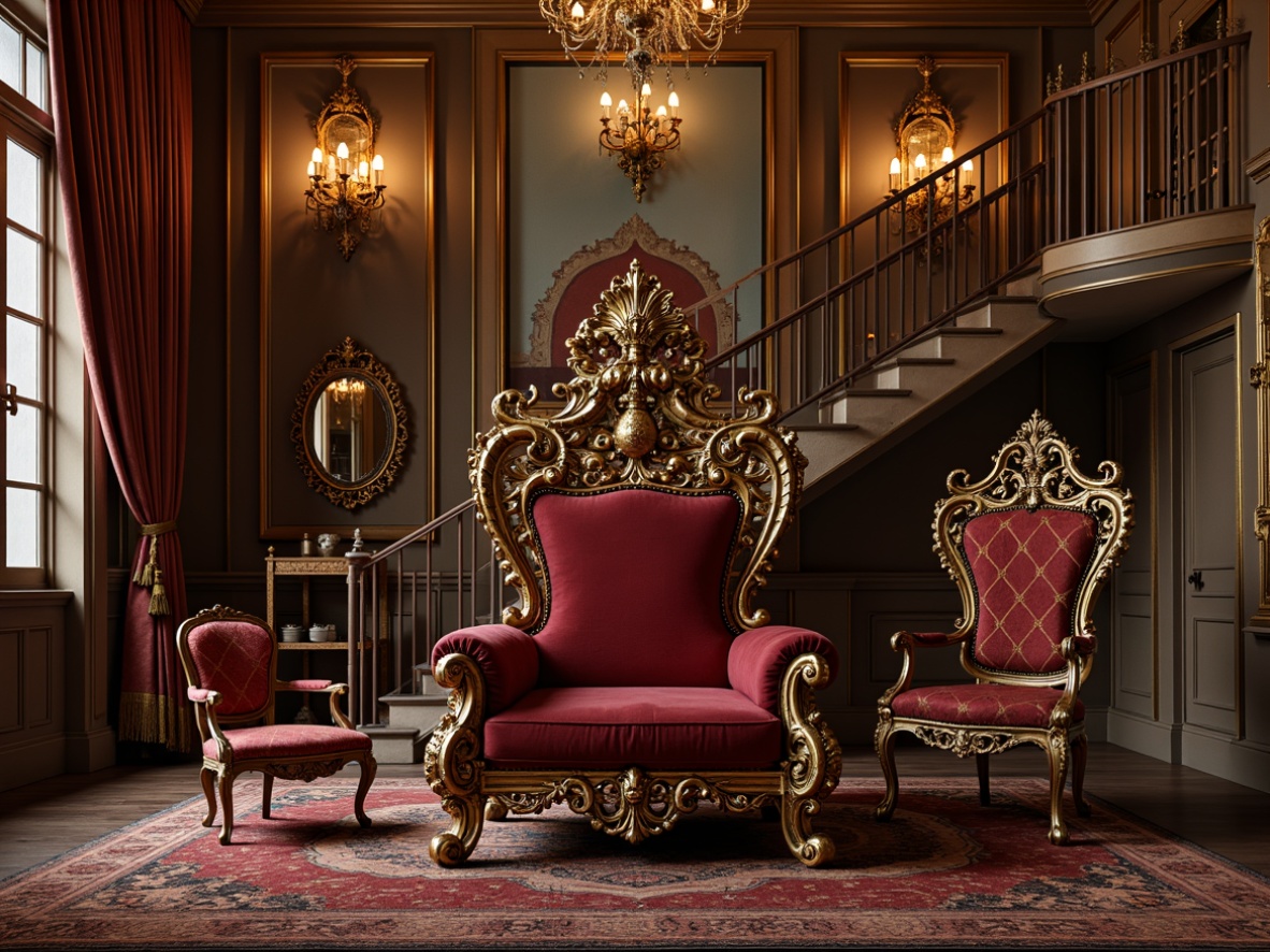 Prompt: Ornate throne chair, carved wooden legs, gilded details, velvet upholstery, rich brocade fabrics, intricate patterns, golden accents, ornamental mirrors, lavish chandeliers, grandiose proportions, curved lines, dramatic lighting, warm candlelight, opulent textures, regal atmosphere, 17th-century inspiration, Italian Renaissance influences, luxurious materials, heavy drapery, majestic architecture, sweeping staircases, grand entrances.