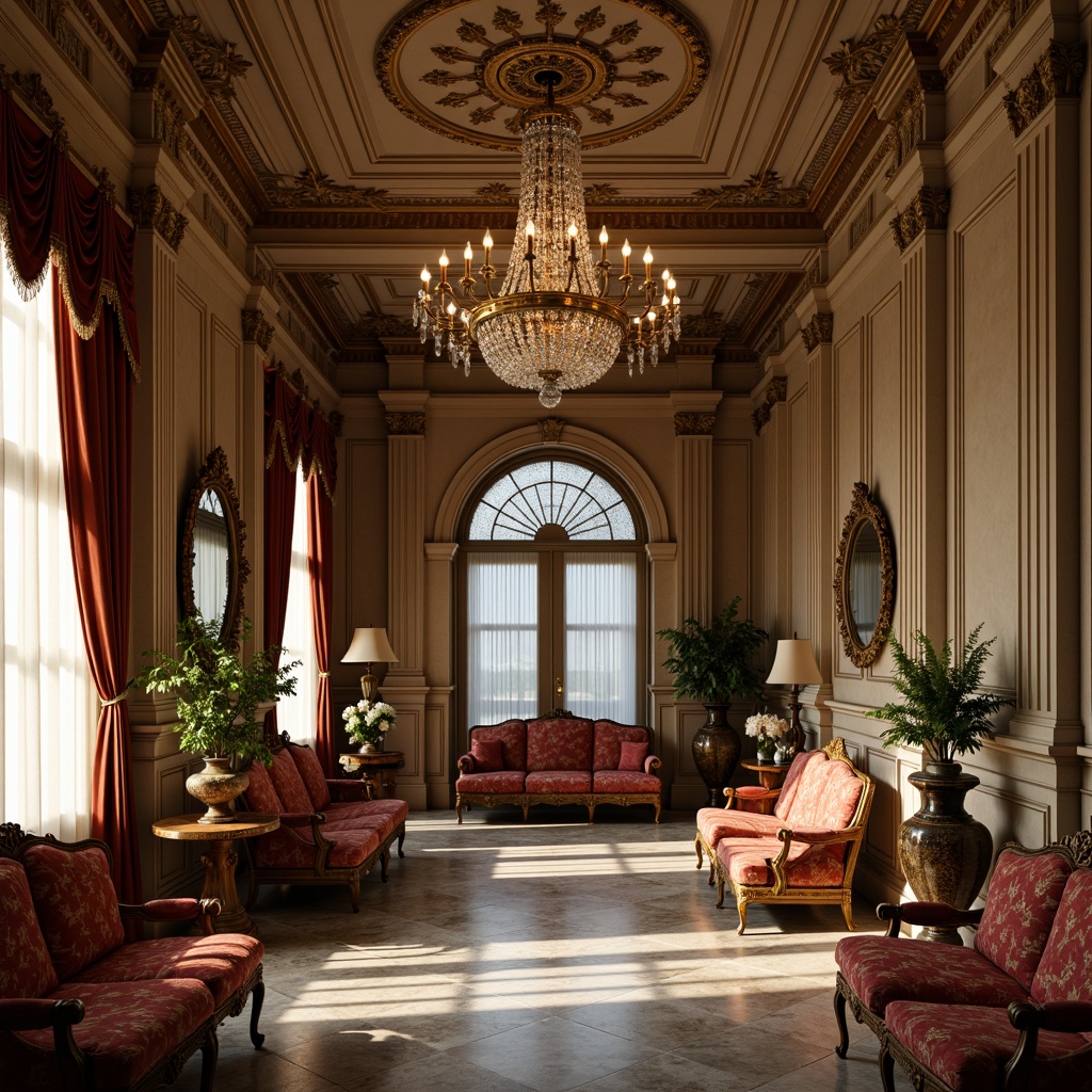 Prompt: Ornate hall, neoclassical architecture, grand chandelier, marble floors, intricate moldings, luxurious furniture, velvet sofas, carved wooden armchairs, gilded frames, ornamental mirrors, crystal vases, rich fabrics, subtle patterns, warm golden lighting, soft shadows, 1/1 composition, intimate atmosphere, realistic textures, ambient occlusion.