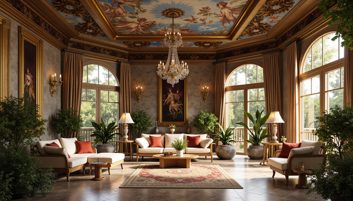 Prompt: Opulent sunroom, lavish furnishings, intricately carved wooden panels, ornate gilded mirrors, velvet drapes, crystal chandeliers, richly patterned marble floors, grandiose archways, sweeping curved lines, dramatic trompe l'oeil ceilings, vibrant colorful frescoes, intricate stucco work, lush greenery, exotic plants, natural stone walls, large windows, soft warm lighting, shallow depth of field, 3/4 composition, realistic textures, ambient occlusion.