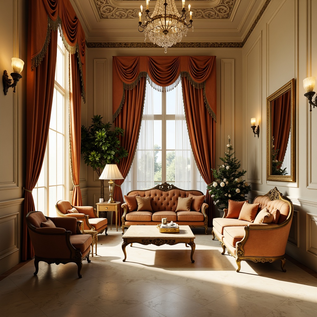 Prompt: Elegant villa interior, neoclassical furniture style, ornate carvings, rich wood tones, cream marble floors, crystal chandeliers, plush velvet sofas, tufted leather armchairs, gilded frames, intricate moldings, soft golden lighting, subtle shadows, 1/1 composition, symmetrical balance, realistic textures, ambient occlusion, warm beige walls, tall windows, drapery with tassel trim, classic motifs, ornate mirrors, luxurious fabrics.