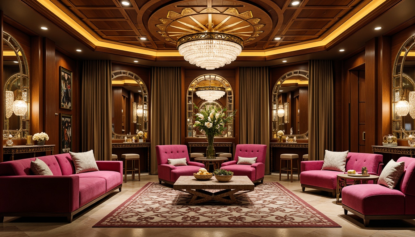 Prompt: Luxurious velvet sofas, ornate metal frames, beveled glass coffee tables, geometric patterned rugs, opulent crystal chandeliers, rich wood paneling, curved lines, metallic accents, bold color schemes, lavish marble countertops, decorative inlays, intricate carvings, sunburst motifs, zigzag patterns, glamorous Hollywood Regency vibe, warm golden lighting, shallow depth of field, 1/1 composition, ornate mirrors, stylish side tables, elegant armchairs.