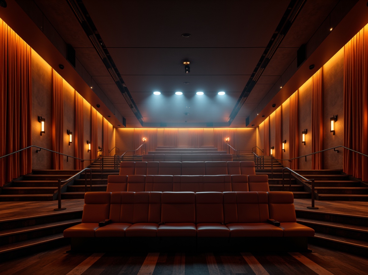 Prompt: Moody cinema interior, modern minimalist decor, sleek metal accents, luxurious velvet curtains, plush recliner seats, futuristic LED lighting, neon-lit staircases, dimmable floor lamps, atmospheric fog machines, dramatic spotlights, warm golden tones, high-contrast ratios, shallow depth of field, cinematic 2.39 aspect ratio, low-angle shots, Dutch angle compositions, film noir-inspired color palette, soft focus effects, ambient occlusion, realistic shadows.Let me know if this meets your requirements!