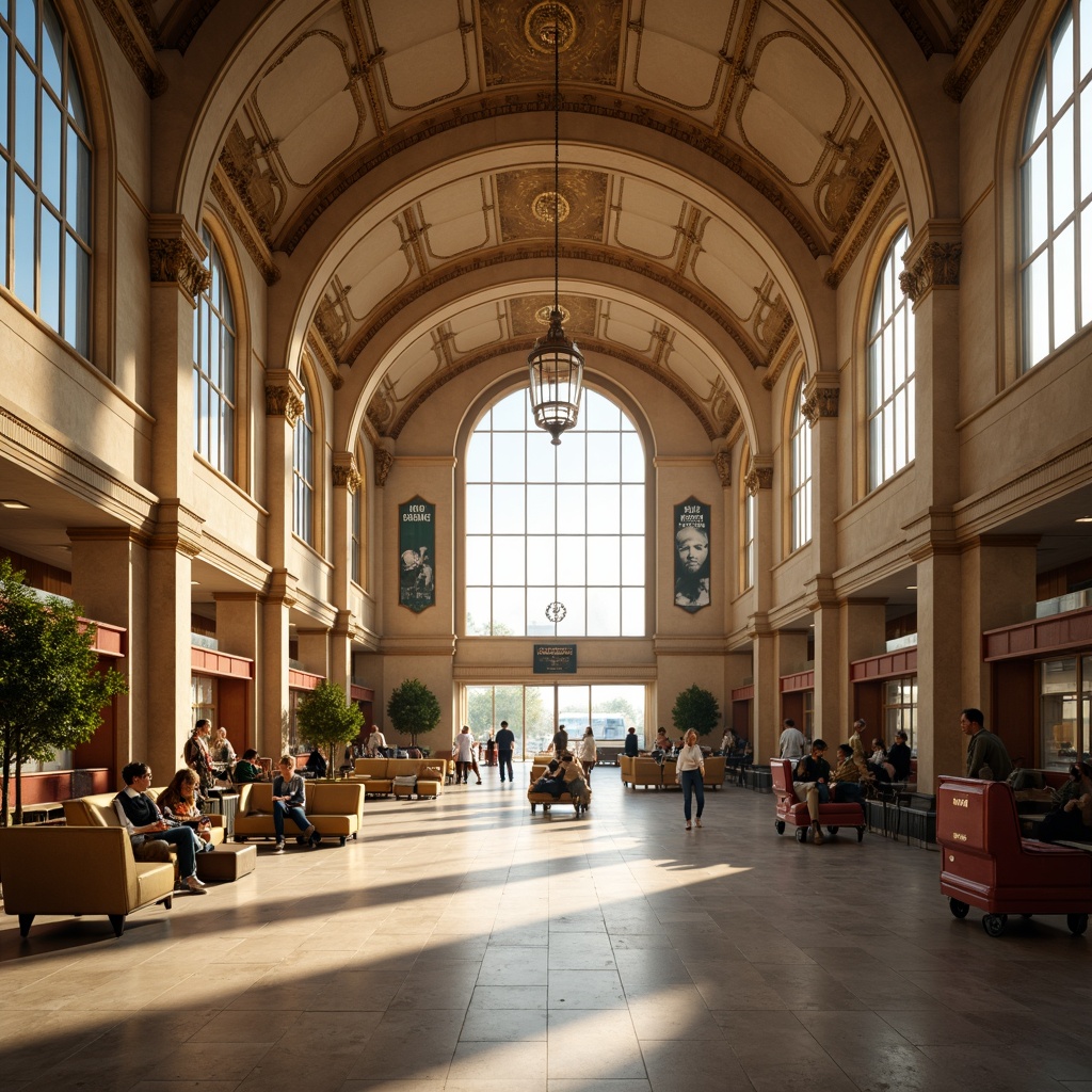 Prompt: Grand airport terminal, high ceilings, ornate archways, classic columns, elegant stone flooring, warm beige walls, intricate moldings, luxurious chandeliers, large windows, natural light pouring in, airy atmosphere, comfortable seating areas, vintage luggage carts, nostalgic advertisements, soft warm lighting, shallow depth of field, 1/1 composition, realistic textures, ambient occlusion.