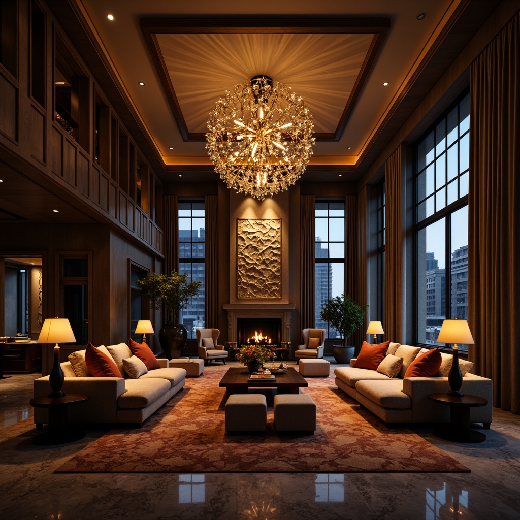 Prompt: \Dramatic interior scene, luxurious living room, unique lighting fixtures, spherical chandelier, floor-to-ceiling windows, marble floors, velvet sofas, rich wood accents, atmospheric mood lighting, warm golden tones, softbox shadows, cinematic composition, 1/2 camera angle, shallow depth of field, realistic textures, ambient occlusion.\