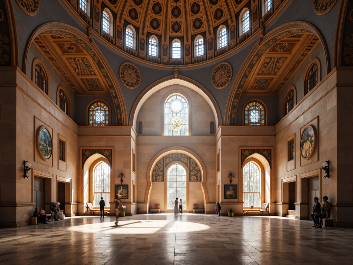 Prompt: \Sacred mosque interior, ornate Islamic patterns, grand dome structures, prayer halls, minarets, intricate archways, vaulted ceilings, marble floors, stained glass windows, soft warm lighting, shallow depth of field, 3/4 composition, panoramic view, realistic textures, ambient occlusion, serene atmosphere, quiet reflection areas, spiritual ambiance, minimalist decor, functional seating, optimized floor plans, efficient circulation paths, harmonious proportions.\