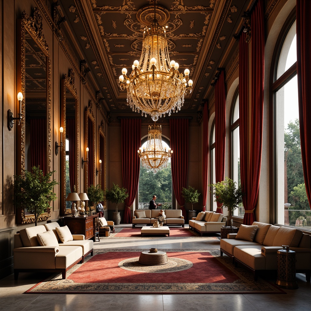 Prompt: Luxurious great room, grandiose chandeliers, ornate mirrors, velvet drapes, gilded frames, intricate carvings, marble floors, ornamental vases, Baroque-style furniture, curved lines, plush upholstery, rich fabrics, golden accents, lavish decor, dramatic lighting, 1/2 composition, atmospheric perspective, realistic reflections, detailed textures.