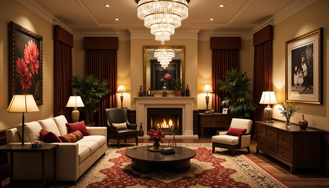 Prompt: Luxurious living room, refined furniture, plush carpets, statement chandelier, crystal pendant lights, ambient floor lamps, warm beige walls, rich wood accents, opulent velvet drapes, sophisticated decorative mirrors, lavish gold leafing, soft warm glow, dramatic high ceiling, 1/2 composition, moody shadows, realistic reflections.