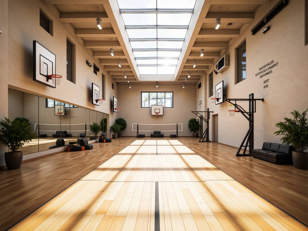 Prompt: Well-lit gymnasium interior, natural light pouring in through clerestory windows, bright and airy atmosphere, polished wooden floors, modern sports equipment, basketball hoops, volleyball nets, exercise machines, free weights, mirrored walls, motivational quotes, greenery, potted plants, minimalist decor, high ceilings, industrial-style lighting fixtures, warm beige color scheme, soft shadows, shallow depth of field, 1/1 composition, realistic textures, ambient occlusion.