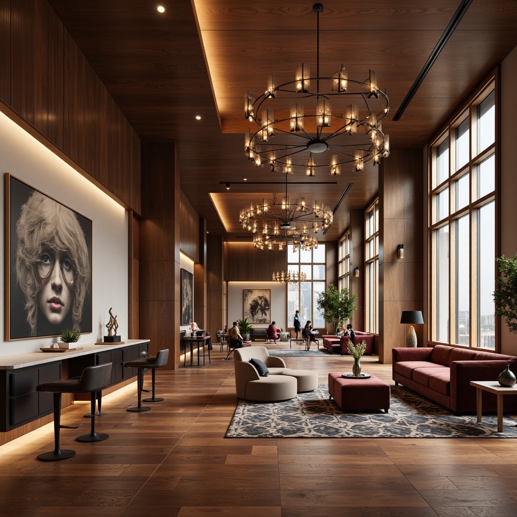 Prompt: Rich walnut wood flooring, sleek metallic accents, velvety soft upholstery, geometric patterned rugs, minimalist chandeliers, curved lines, modern artwork, abstract sculptures, luxurious marble countertops, warm ambient lighting, shallow depth of field, 1/1 composition, panoramic view, realistic textures, ambient occlusion.