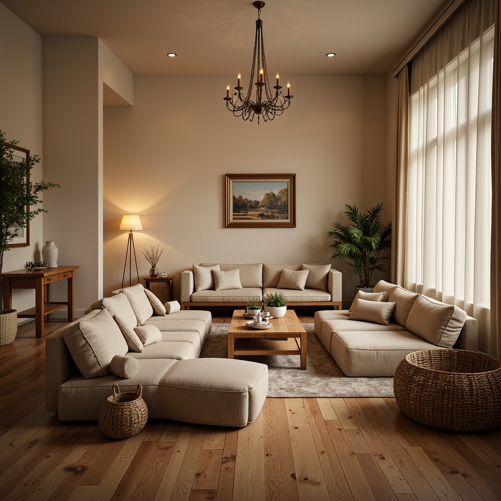 Prompt: Cozy living room, plush sofas, velvet armchairs, wooden coffee tables, woven baskets, soft cushions, minimalist decor, warm beige walls, polished hardwood floors, natural textiles, elegant chandeliers, ambient lighting, shallow depth of field, 3/4 composition, realistic rendering, subtle shadows, inviting atmosphere.