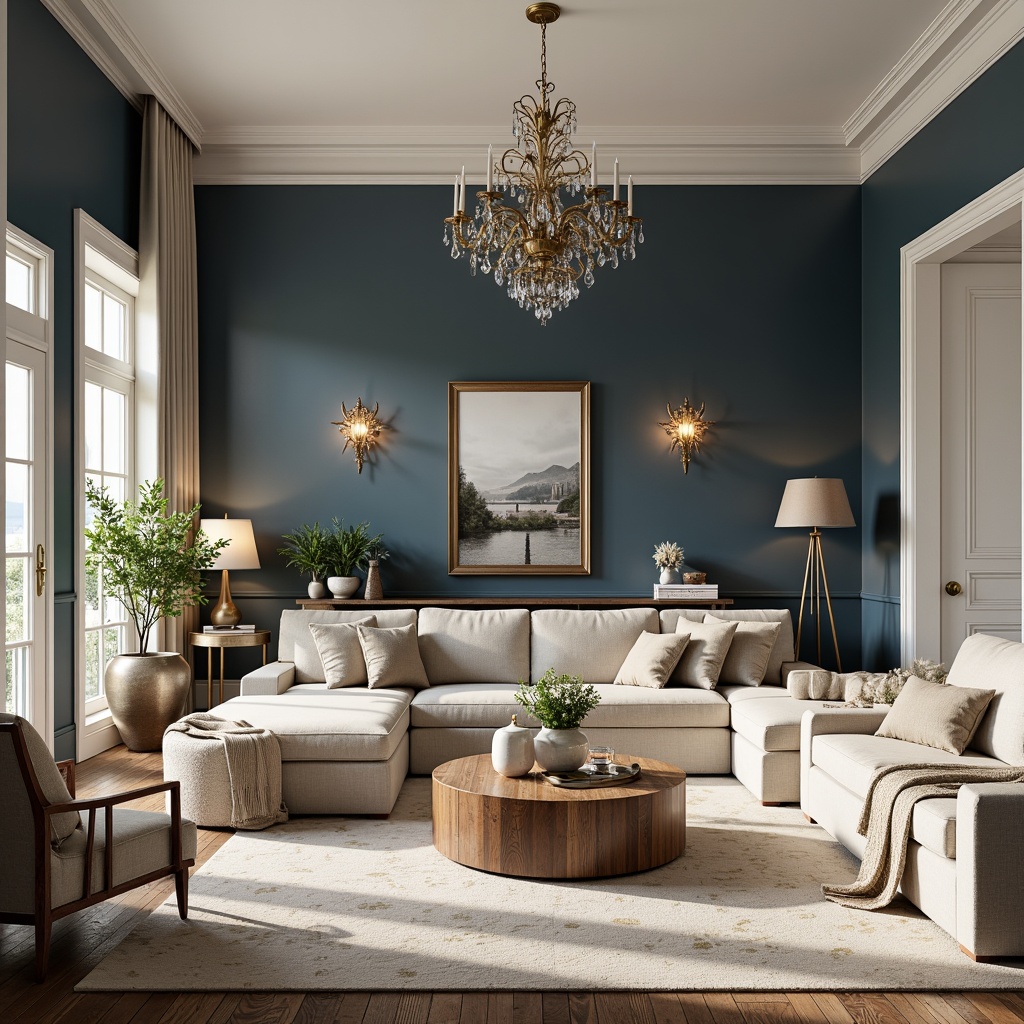 Prompt: Soft navy blue walls, creamy white trimmings, warm beige furniture, rich walnut wood accents, subtle gold metallic decorations, elegant velvet textiles, refined crystal chandeliers, airy open spaces, natural light pouring in, shallow depth of field, 1/1 composition, panoramic view, realistic reflections, ambient occlusion.