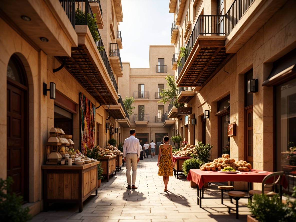 Prompt: Vibrant market atmosphere, traditional Arabic architecture, warm beige stone walls, intricate geometric patterns, colorful textiles, rustic wooden stalls, exotic spices, aromatic scents, bustling crowds, lively street vendors, natural sunlight, warm golden lighting, shallow depth of field, 3/4 composition, realistic textures, ambient occlusion.