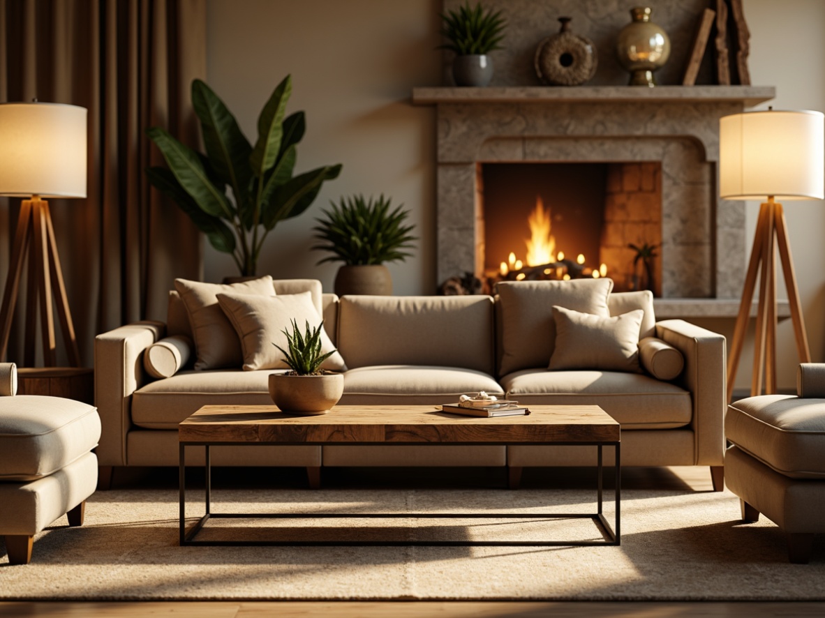 Prompt: Cozy living room, plush velvet sofa, reclaimed wood coffee table, minimalist metal legs, soft cushioned armchairs, elegant floor lamps, warm beige carpet, natural stone fireplace, modern sleek lines, luxurious textiles, comfortable pillows, inviting ambiance, warm golden lighting, shallow depth of field, 1/1 composition, realistic materials, ambient occlusion.