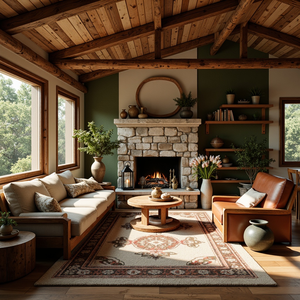 Prompt: Earth-toned cabin, wooden accents, exposed beams, stone fireplace, cozy atmosphere, warm natural light, vintage metal lanterns, rustic wood furniture, woven textiles, nature-inspired patterns, moss-green walls, sandy-beige floors, distressed wood finishes, rich brown leather, copper hardware, soft warm lighting, shallow depth of field, 2/3 composition, realistic textures, ambient occlusion.Let me know if this meets your requirements!