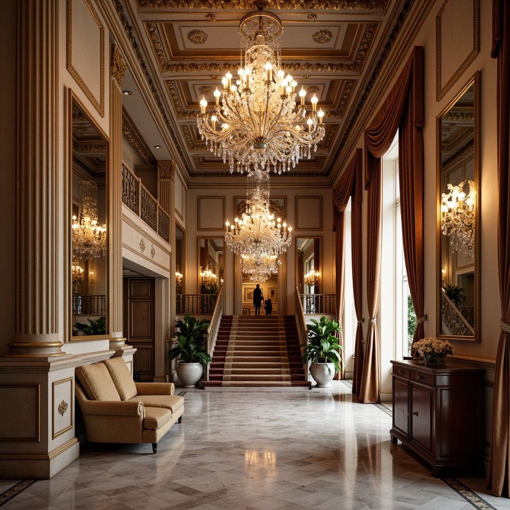 Prompt: Elegant neoclassical interior, ornate moldings, crystal chandeliers, polished marble floors, luxurious velvet drapes, stately columns, grand staircases, intricate carvings, gleaming glass accents, beveled mirrors, sparkling crystal sconces, rich wood paneling, sophisticated color palette, dramatic high ceilings, soft warm lighting, 1/2 composition, shallow depth of field, realistic reflections.