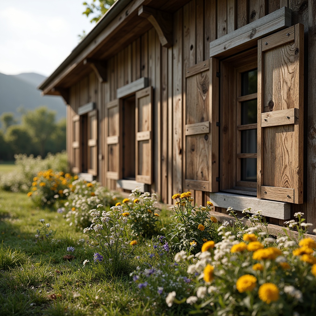 Prompt: Rustic farmhouse, vintage wooden windows, distressed finishes, earthy tones, natural textures, blooming wildflowers, lush greenery, rolling hills, sunny afternoon, warm soft lighting, shallow depth of field, 1/1 composition, realistic wood grain, ambient occlusion, ornate metal accents, classic shutters, multi-paned designs, transom windows, decorative trims, country-inspired patterns, cozy interior spaces, plush furnishings.