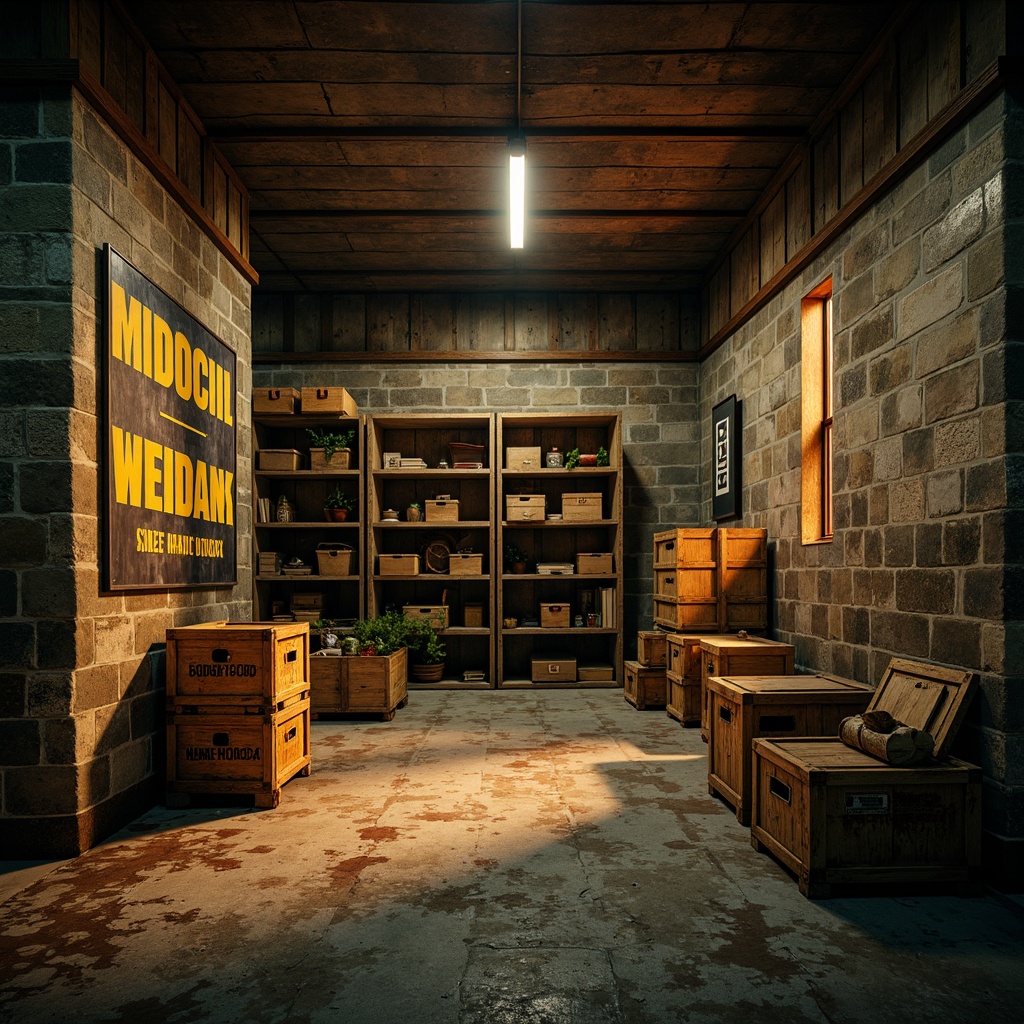 Prompt: Dimly lit storage room, rough stone walls, distressed wooden crates, rusty metal shelving, worn concrete floors, faded industrial signage, peeling paint textures, warm golden lighting, dramatic shadows, cinematic composition, shallow depth of field, expressionist brushstrokes, vibrant earthy tones, tactile materiality, abstract geometric patterns, moody atmospheric effects.