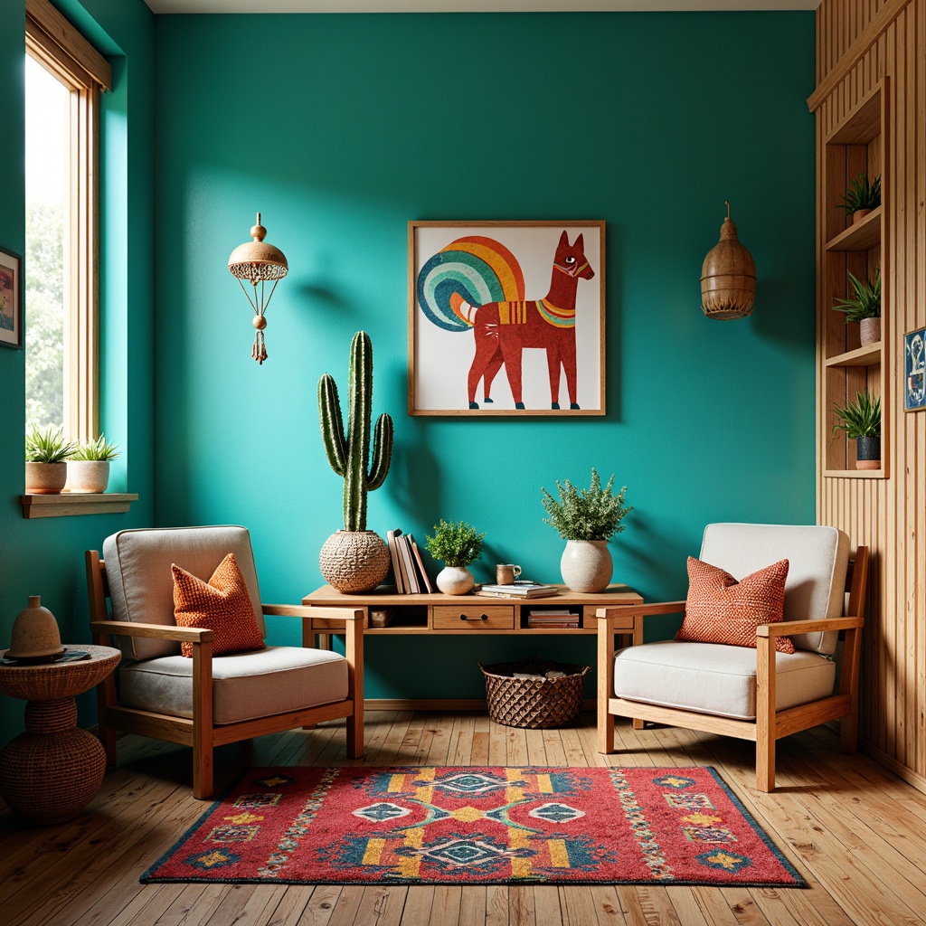 Prompt: Vibrant turquoise walls, playful Aztec patterns, wooden furniture with carved cactus designs, colorful woven textiles, plush llama-shaped pillows, rustic wooden floors, southwestern-inspired rug, fun geometric shapes, whimsical desert-themed wall art, cozy reading nook, comfortable cushioned chairs, natural wood accents, earthy tone color palette, warm sunny lighting, shallow depth of field, 1/2 composition, realistic textures, ambient occlusion.