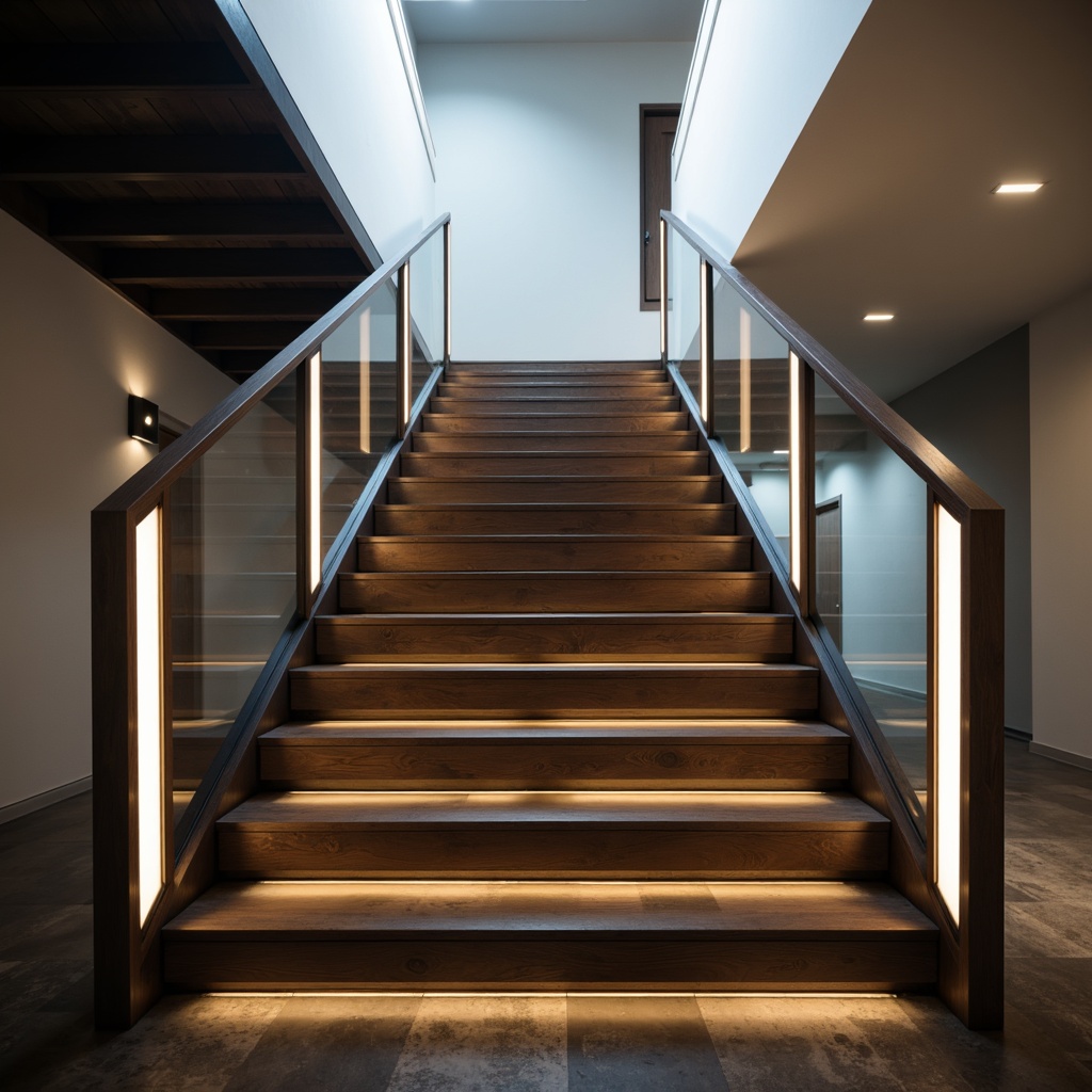 Prompt: Modern staircase, sleek metal handrails, glass balustrades, LED strip lighting, warm white glow, indirect illumination, minimalist design, floating steps, wooden treads, chrome accents, futuristic ambiance, dimmable lights, step-by-step lighting, shadow-free zones, ambient occlusion, realistic textures, high-contrast rendering, dramatic spotlighting, atmospheric misting effects.