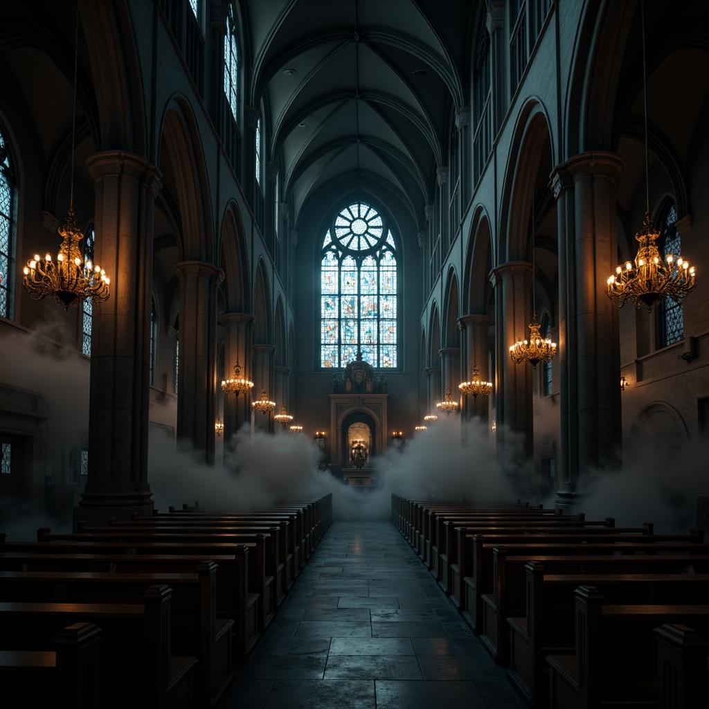 Prompt: Dark mysterious cathedral, vaulted ceilings, stained glass windows, grandiose chandeliers, candelabras, dim warm lighting, soft eerie shadows, intricate stone carvings, ornate wooden pews, mystical ambiance, hauntingly beautiful, foggy atmosphere, misty veil, subtle color grading, high contrast ratio, cinematic composition, dramatic focal points, narrow depth of field.