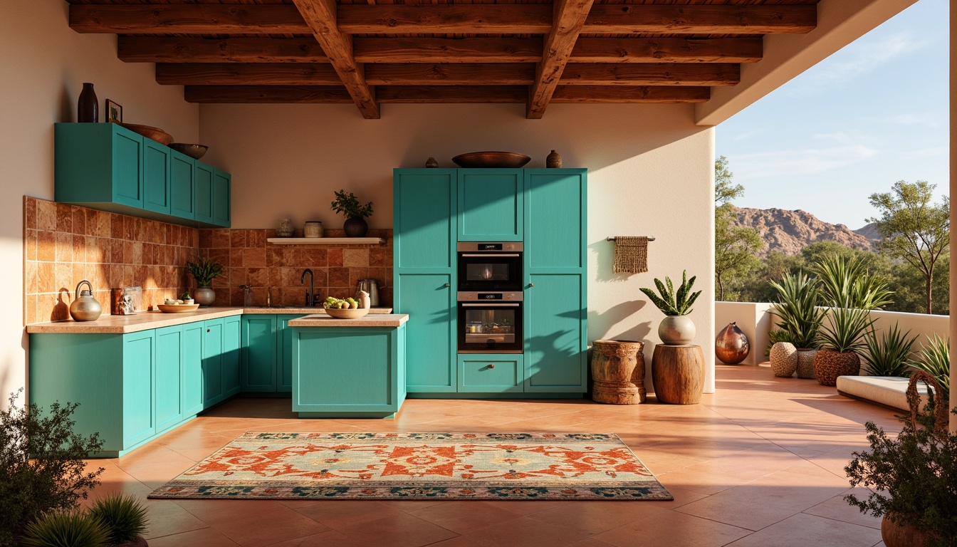 Prompt: Turquoise kitchen cabinets, warm beige countertops, earthy red terracotta flooring, rustic wooden beams, vibrant Native American-inspired patterns, bold geometric shapes, natural stone backsplash, copper accents, woven textiles, desert flora, cactus silhouettes, sunny afternoon light, soft warm glow, shallow depth of field, 3/4 composition, panoramic view, realistic textures, ambient occlusion.