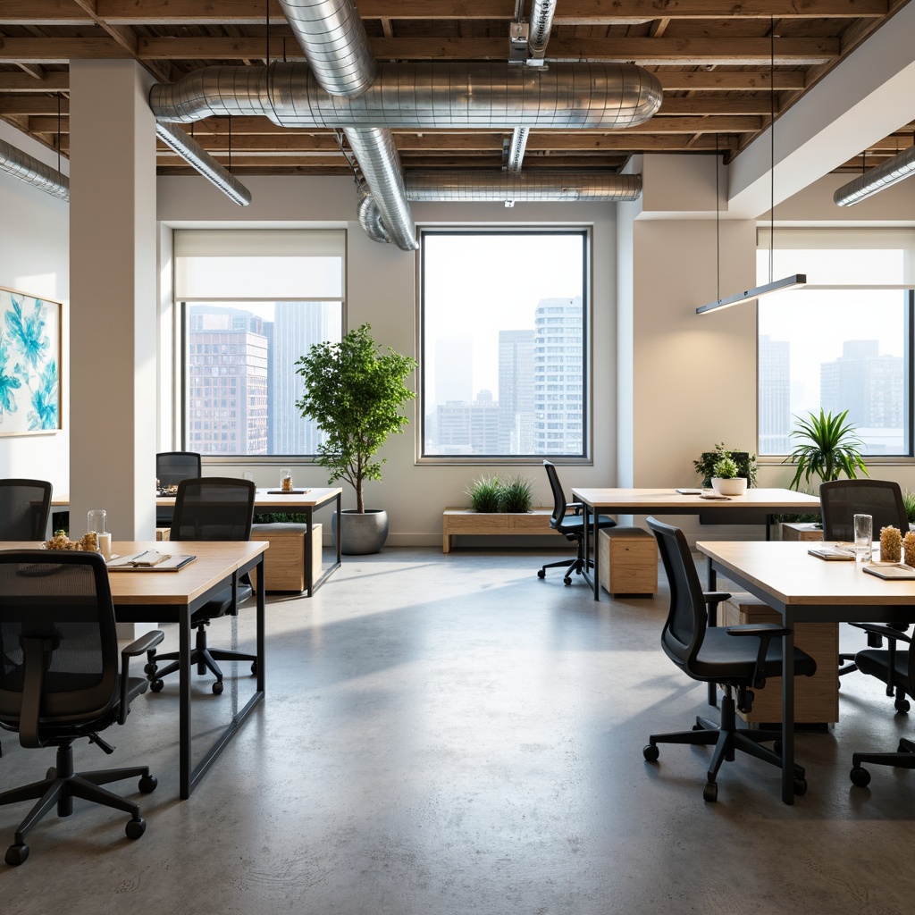 Prompt: Modern office space, collaborative workstations, ergonomic chairs, sleek wooden desks, minimalist decor, calming color scheme, soft pastel hues, creamy whites, pale blues, muted greens, natural light, floor-to-ceiling windows, urban cityscape views, industrial-chic exposed ductwork, polished concrete floors, subtle texture contrasts, warm task lighting, 1/2 composition, atmospheric perspective, realistic material rendering.