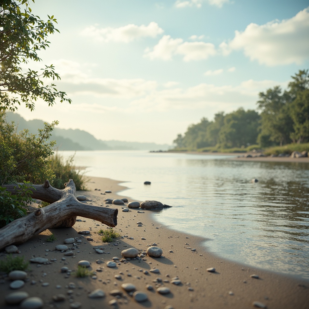 Prompt: Soothing serenity scene, soft pale blue skies, fluffy white clouds, serene water reflections, gentle lapping waves, weathered driftwood, smooth pebble beaches, lush greenery, calming misty atmosphere, warm golden sunlight, shallow depth of field, 3/4 composition, natural textures, subtle color grading, harmonious pastel hues, creamy whites, pale blues, mossy greens, sandy neutrals, soft focus, gentle bokeh.