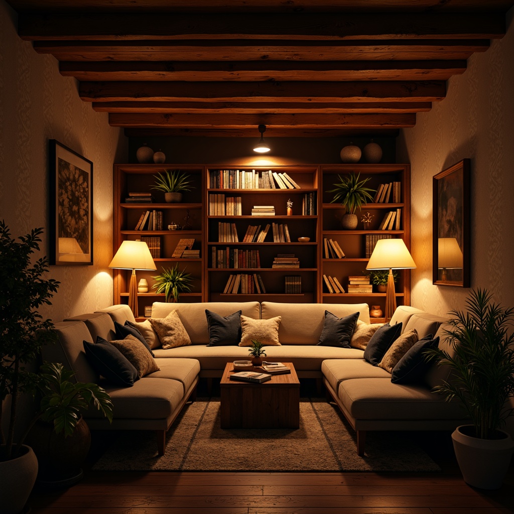 Prompt: Cozy reading nook, warm ambient lighting, floor lamps, table lamps, pendant lights, soft warm glow, comfortable seating, plush cushions, wooden shelves, vintage books, rich wood tones, earthy color palette, calming atmosphere, relaxing ambiance, subtle shadows, gentle highlights, 1/2 composition, intimate view, realistic textures, subtle lens flares.