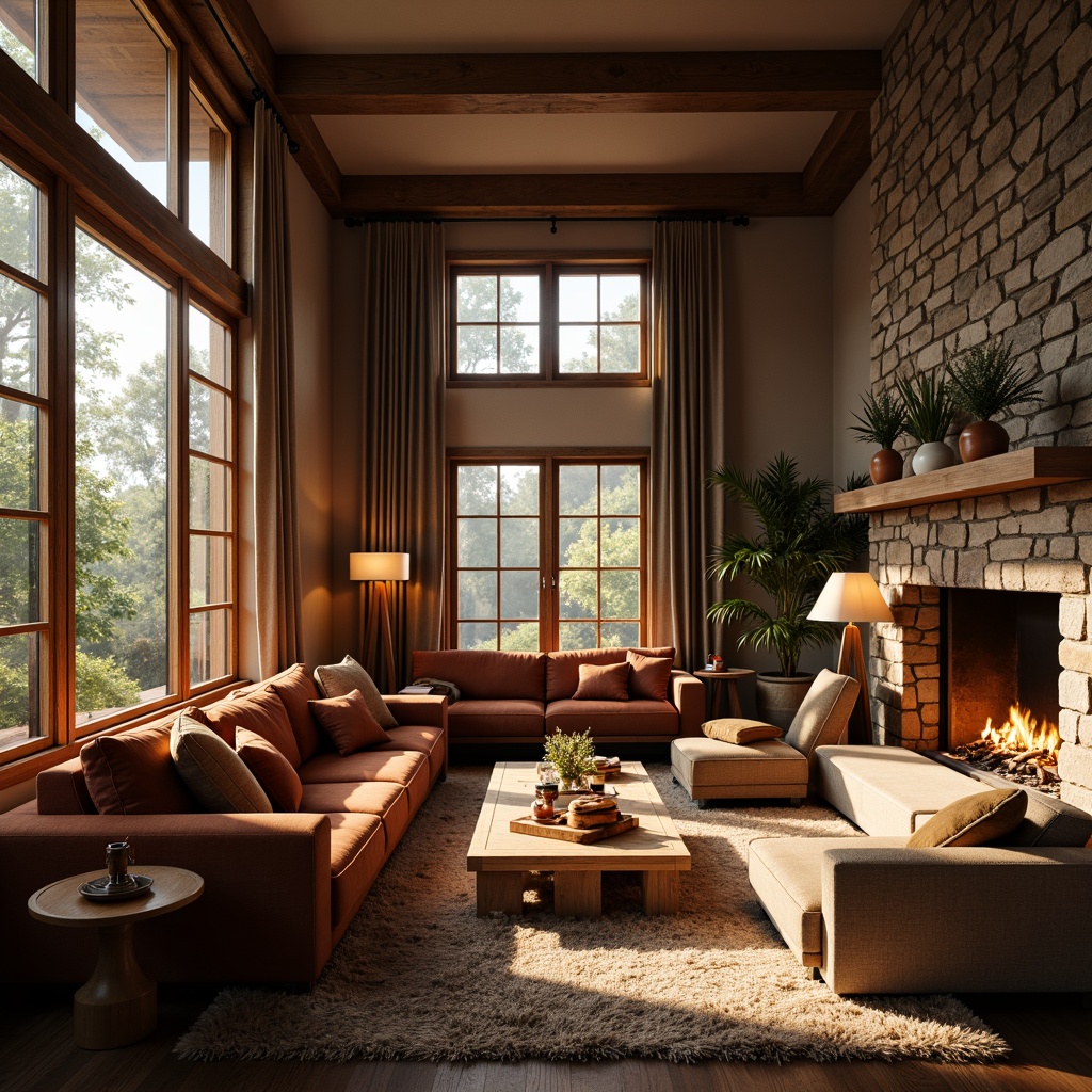 Prompt: Cozy living room, warm earthy tones, comfortable furniture, soft velvety textures, wooden accents, floor-to-ceiling windows, natural light pouring in, warm golden lighting, table lamps, pendant lights, candles, fire pit, stone walls, plush area rugs, elegant curtains, subtle shadows, 1/1 composition, shallow depth of field, warm color palette, inviting ambiance.