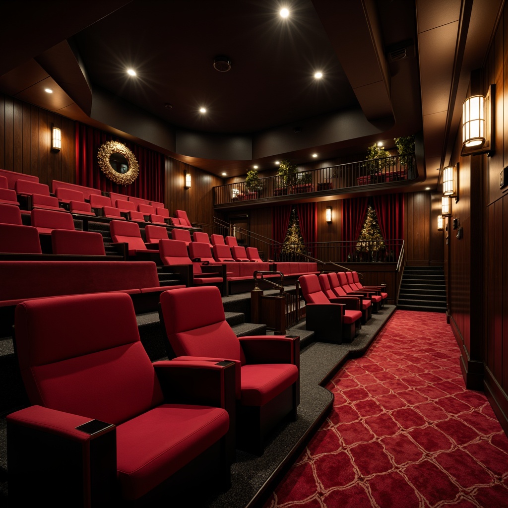 Prompt: Luxurious cinema interior, modern minimalist style, sleek metal frames, plush velvet seats, adjustable armrests, reclining mechanisms, intimate row spacing, curved staircase, grand chandelier, dark wood flooring, crimson carpeting, ambient mood lighting, spotlights on ceiling, 3/4 composition, shallow depth of field, cinematic color grading, realistic fabric textures.