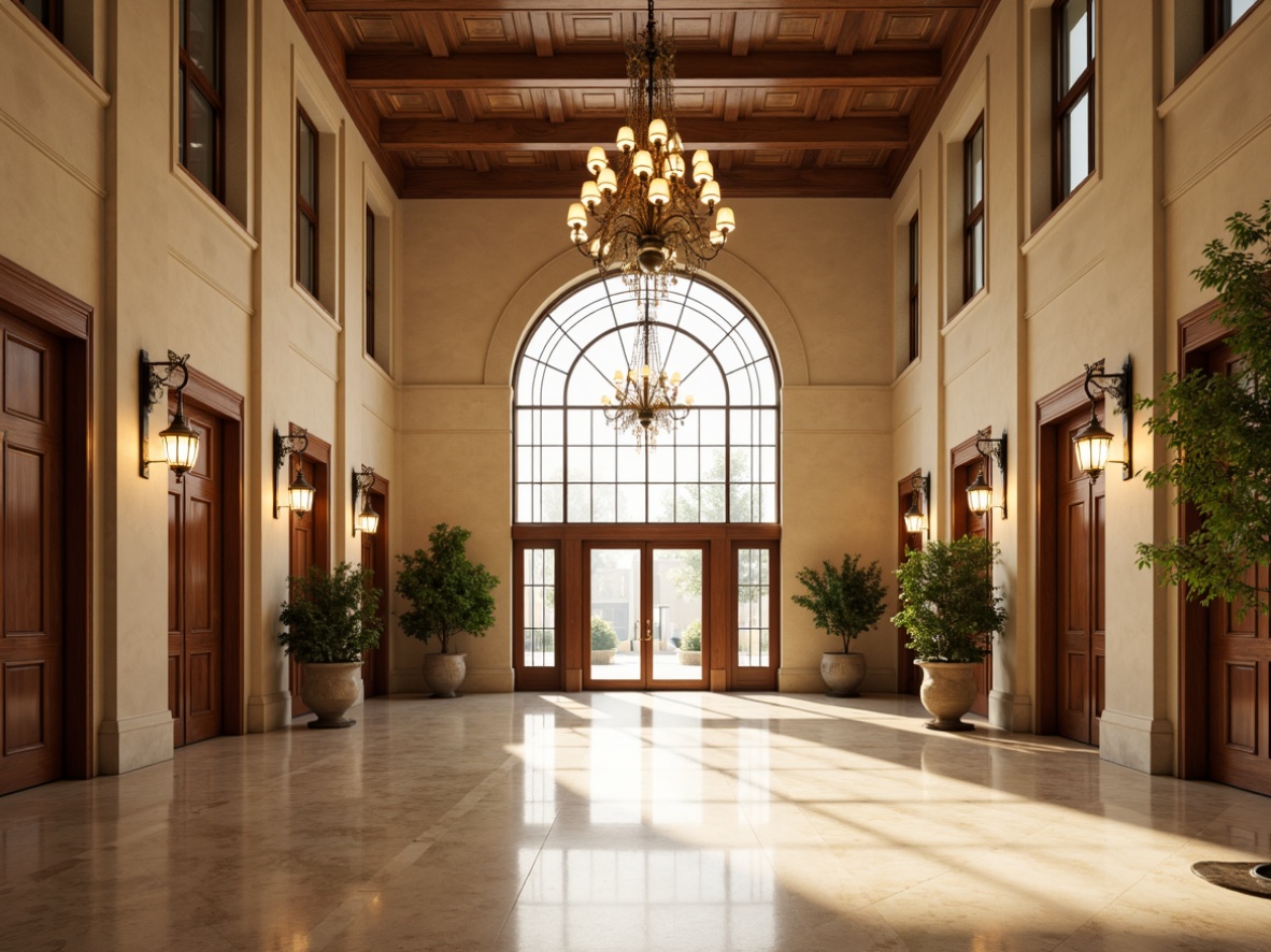 Prompt: Elegant distribution center, grandiose entrance, ornate chandeliers, crystal pendant lights, bronze sconces, decorative lanterns, creamy marble floors, high ceilings, large windows, arched doorways, stately columns, rich wood accents, warm beige tones, subtle texture overlays, soft warm lighting, shallow depth of field, 2/3 composition, symmetrical framing, realistic reflections, ambient occlusion.