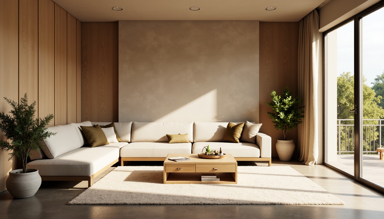 Prompt: Serene living room, sound-absorbing acoustic panels, warm beige walls, plush area rug, comfortable sofa, minimalist coffee table, floor-to-ceiling windows, natural wood accents, calming greenery, softbox lighting, 1/1 composition, intimate atmosphere, realistic fabric textures, subtle ambient occlusion.