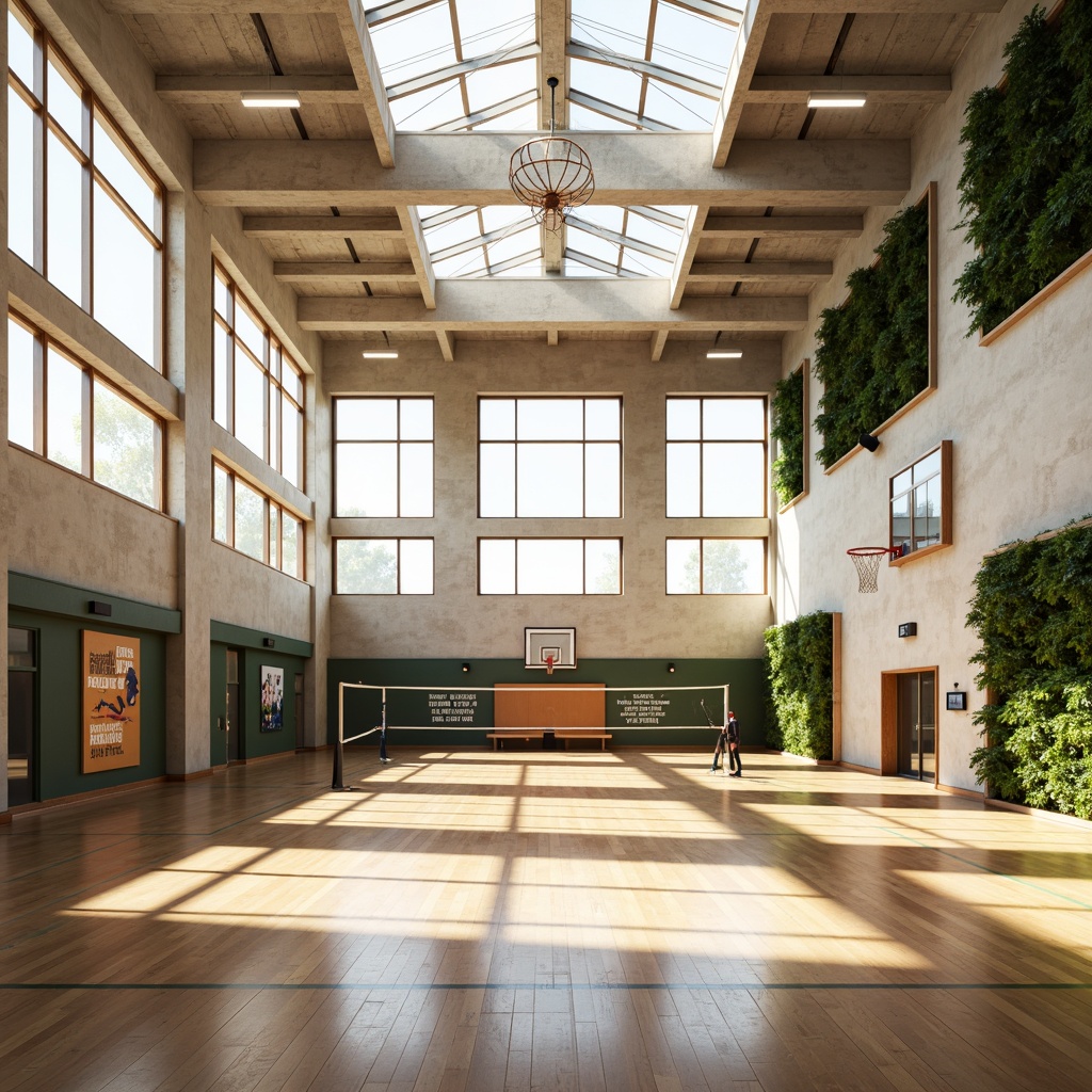 Prompt: Bright gymnasium interior, natural light pouring in, large windows, clerestory windows, skylights, polished wood floors, modern sports equipment, basketball hoops, volleyball nets, athletic tracks, minimalist design, industrial-style ceilings, exposed ductwork, concrete walls, motivational quotes, inspirational posters, greenery accents, living walls, vertical gardens, refreshing color scheme, warm beige tones, soft ambient lighting, shallow depth of field, 1/1 composition, realistic textures, ambient occlusion.