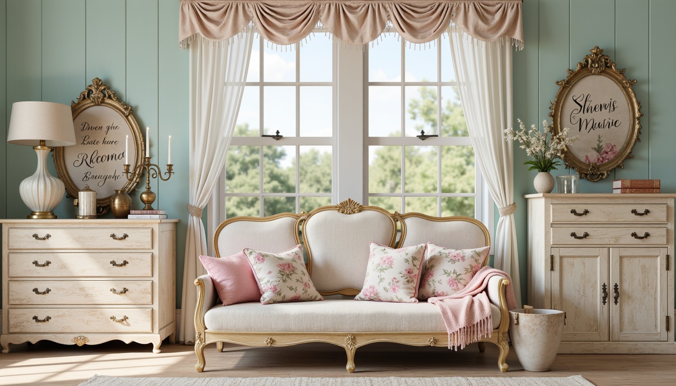 Prompt: Softly distressed wooden furniture, vintage decorative accents, delicate lace trims, pastel pink hues, muted turquoise tones, creamy whites, warm beige textures, rustic metal hardware, floral patterns, subtle gold leafing, ornate mirrors, distressed finishes, elegant candelabras, whimsical illustrations, romantic script fonts, soft natural lighting, airy atmosphere, 1/1 composition, dreamy focus, delicate textures.