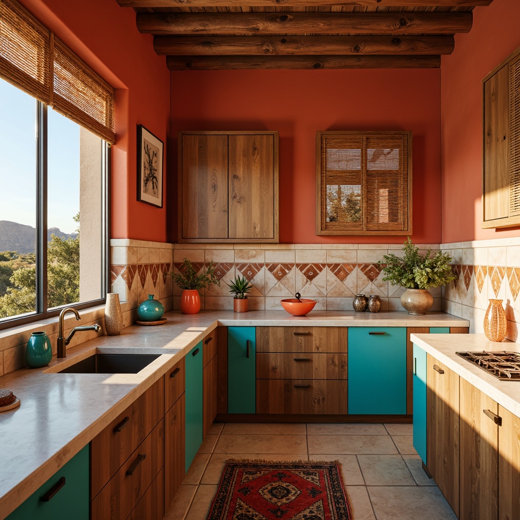 Prompt: Vibrant turquoise accents, warm terracotta walls, earthy sienna cabinets, rich walnut wood tones, creamy beige countertops, rustic bronze hardware, woven Native American-inspired textiles, geometric patterned tiles, bright coral-colored glassware, natural stone backsplashes, sun-kissed desert landscape views, warm golden lighting, shallow depth of field, 1/1 composition, realistic textures, ambient occlusion.