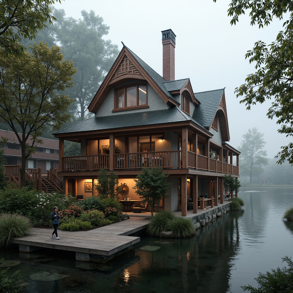 Prompt: Rustic boathouse, Victorian-inspired architecture, ornate wooden trim, steeply pitched roof, decorative gables, intricate stonework, weathered copper accents, nautical-themed decor, wooden dock, tranquil lake scenery, lush greenery, misty morning atmosphere, soft warm lighting, shallow depth of field, 3/4 composition, panoramic view, realistic textures, ambient occlusion.